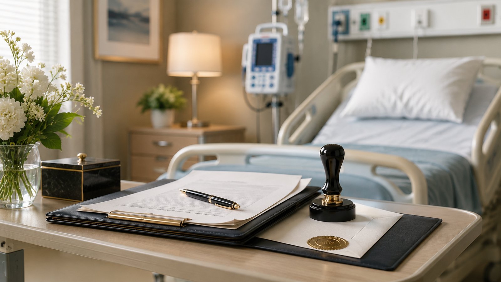 Notary supplies and documents on a bedside table, prepared for a hospital notarization