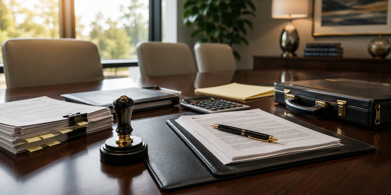 Notary seal, signed documents, and briefcase on a conference table, ready for a loan signing